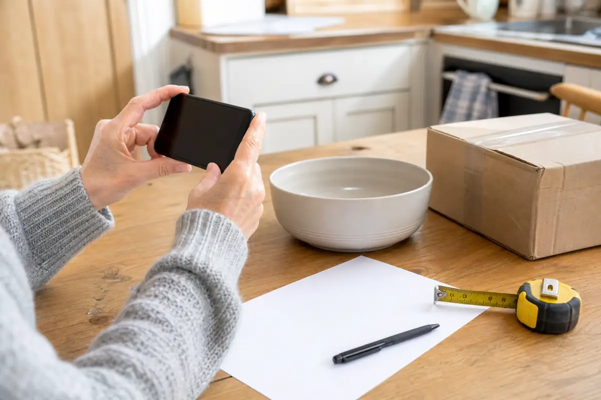 A shopper documenting an unbranded online purchase at home