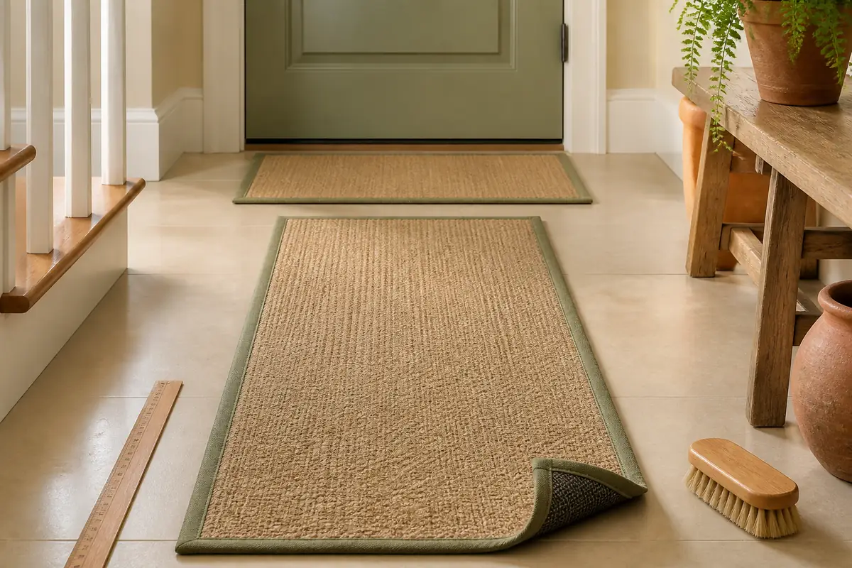 Plain doormats and a hall runner arranged beside an entrance
