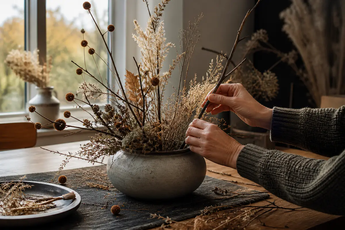 Adult hands arranging dried branches in a heavy unbranded ceramic vessel