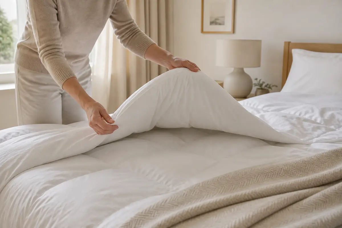 An adult lifting the edge of a plain duvet to assess its loft