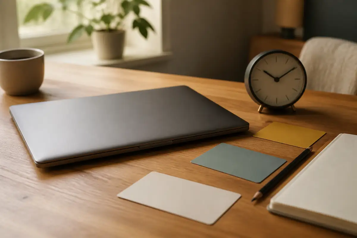 A blank comparison workspace beside a closed laptop and analogue clock