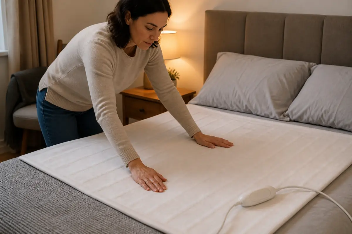 An adult smoothing a generic electric underblanket flat on a bed