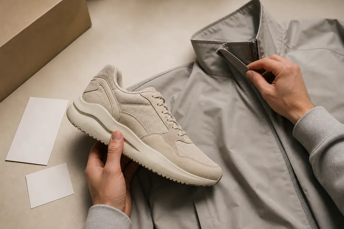 Adult hands compare fictional unbranded premium clothing and trainers on a neutral table