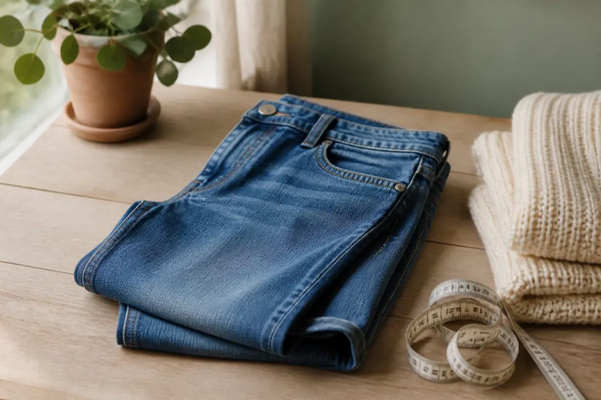 Plain blue denim jeans beside a measuring tape and folded knitwear