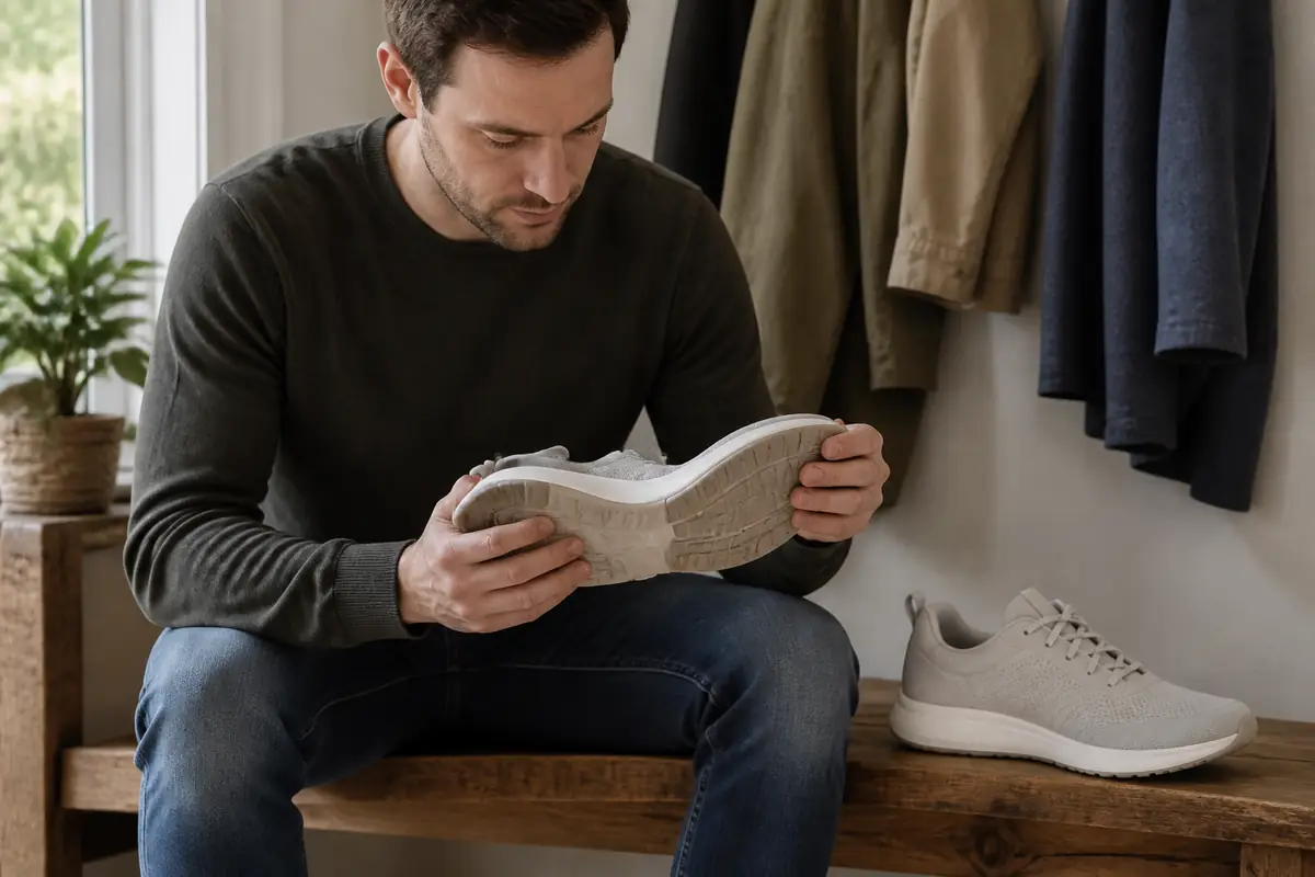 An adult examining the flex point and outsole of plain everyday trainers
