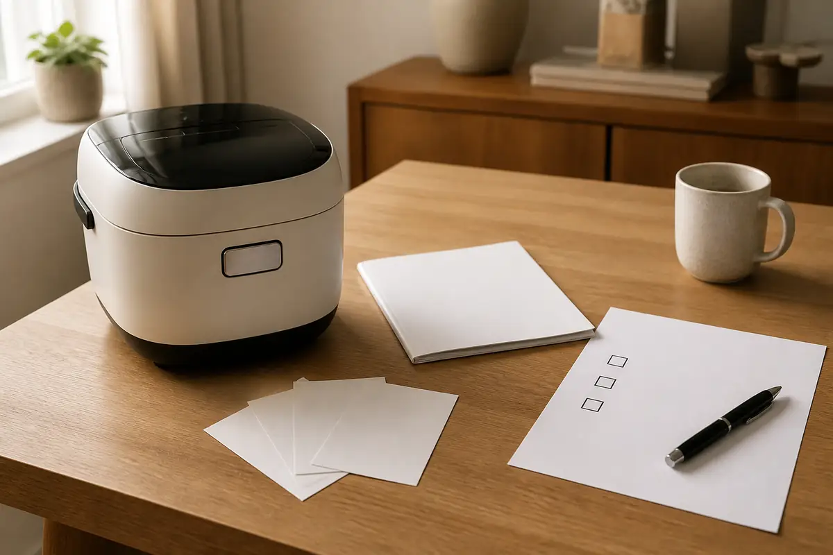 A plain household appliance on a tidy desk beside an unreadable generic policy document and magnifying glass