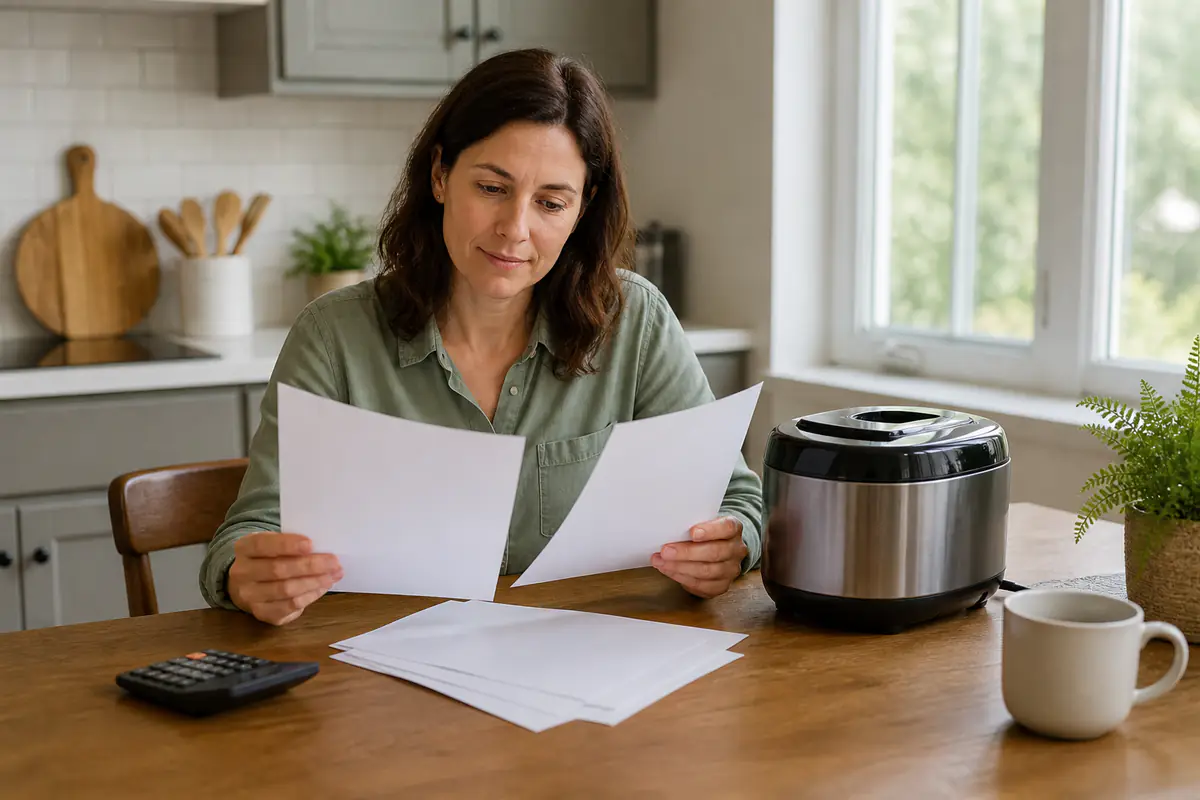 A household appliance service file with plain unreadable paperwork, a magnifying glass and a small unbranded tool