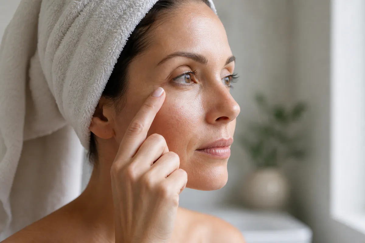 An adult woman in soft natural light gently touching the skin beside one eye without any visible cosmetic product