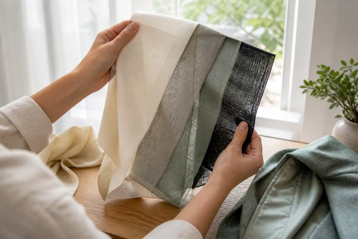 Unbranded fabric swatches held against daylight to compare opacity