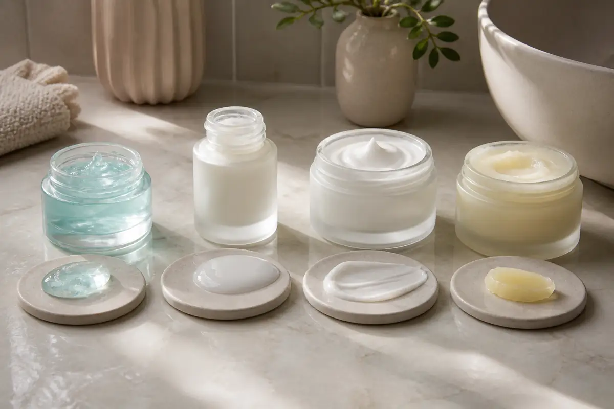 Four fictional unbranded facial moisturiser textures in plain containers on ceramic swatches