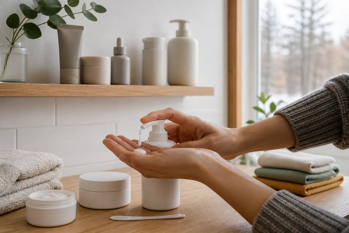 Adult hands dispensing moisturiser from plain unbranded containers in a bright seasonal bathroom
