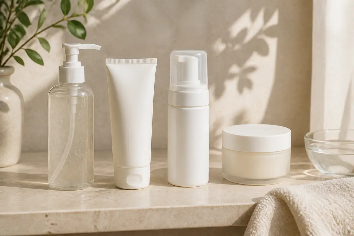 Plain unbranded facial cleanser containers with soft foam and water in natural bathroom light