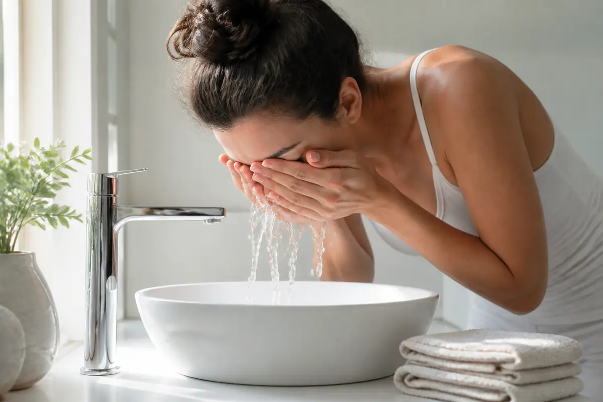 An adult washing their face at a bright bathroom basin beside plain unbranded cleanser containers