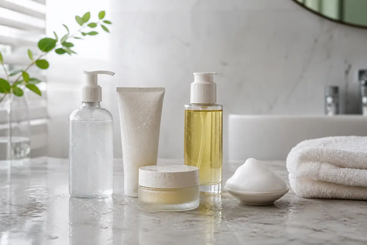 Plain unbranded cleanser textures and blank containers arranged beside water and a soft cloth