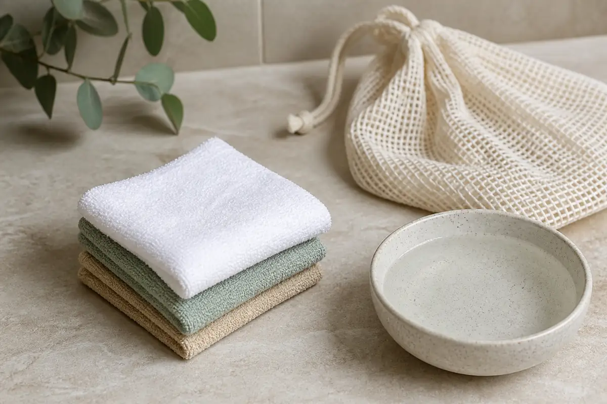 Plain reusable facial cleansing cloths beside a bowl and mesh laundry bag
