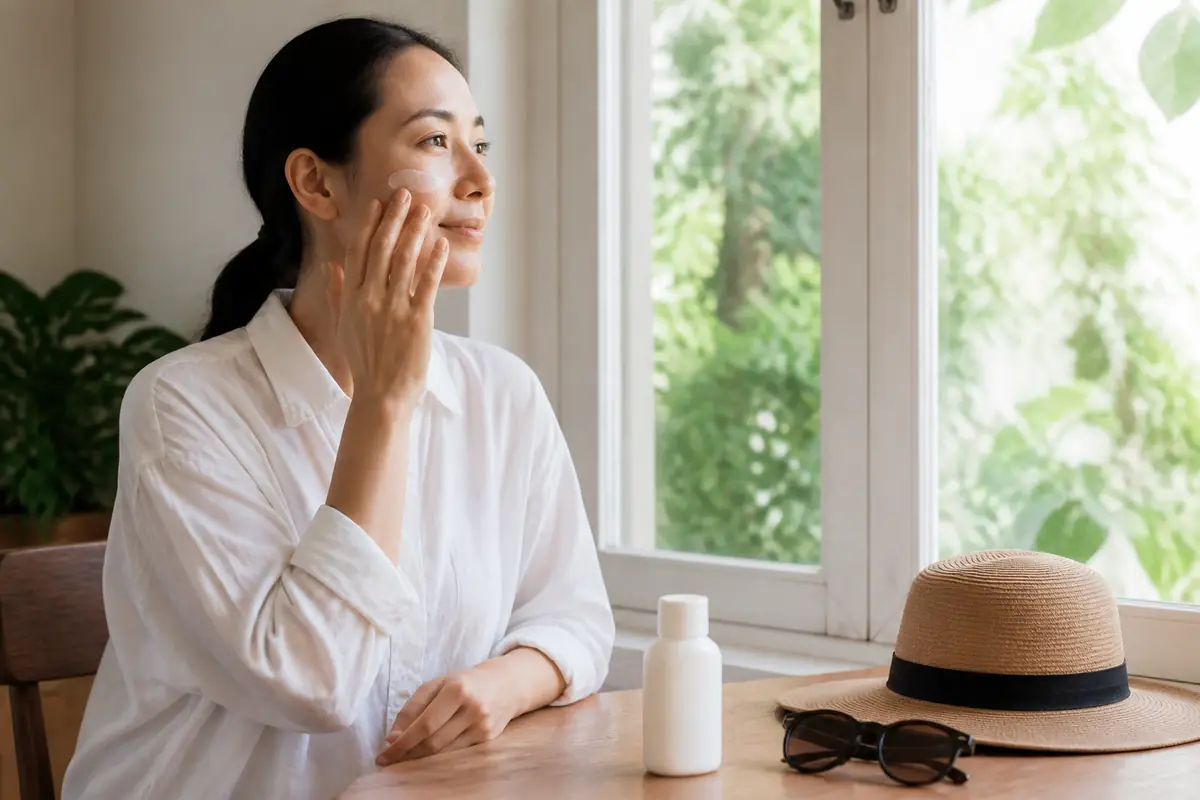 A person applying an unbranded facial sunscreen beside a hat and sunglasses