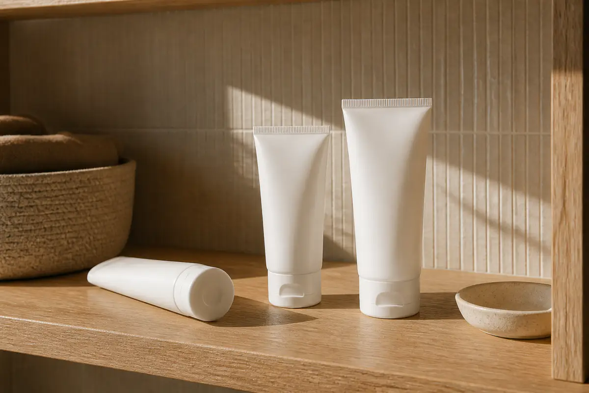 Three plain unbranded sunscreen tubes stored on a shaded bathroom shelf