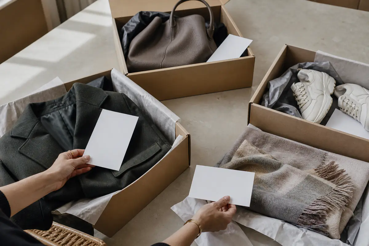 Fictional unbranded premium fashion items arrive in separate neutral partner parcels
