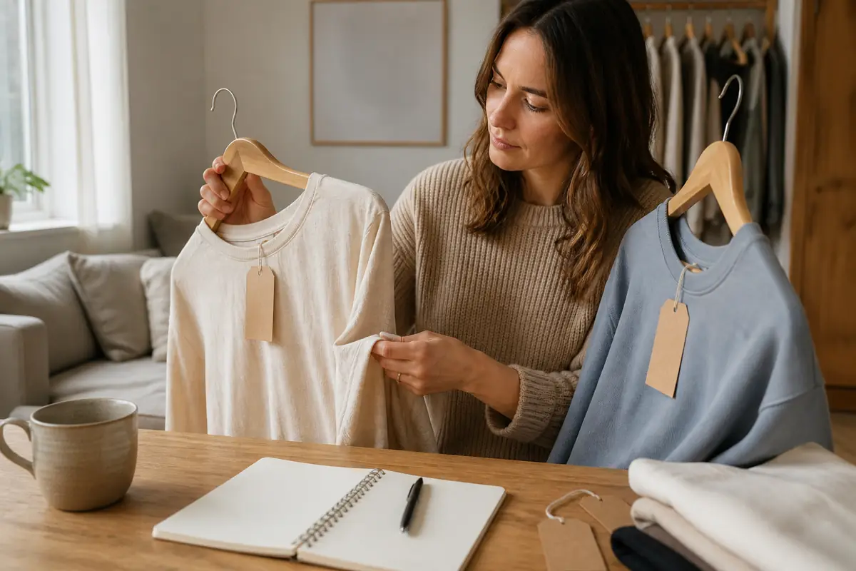 An adult comparing two plain garments with blank sale tags