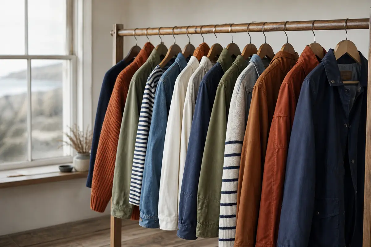 A relaxed rail of fictional unbranded casual dresses, knitwear and denim in a warm natural studio