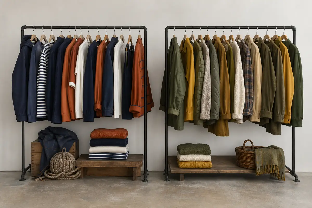 Two balanced rails of fictional unbranded relaxed clothing arranged for a retailer comparison