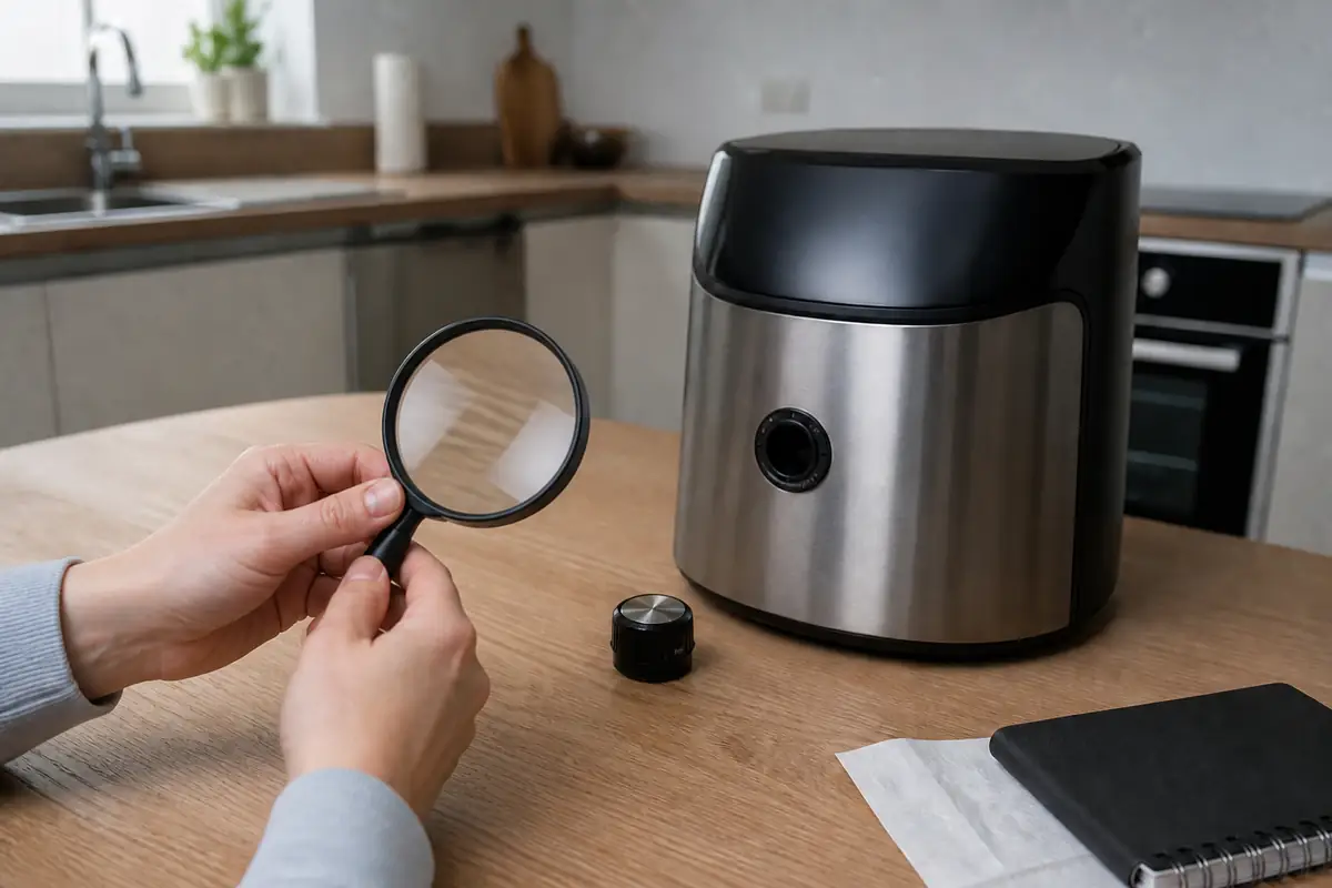 A shopper examining a loose control knob on an unbranded appliance