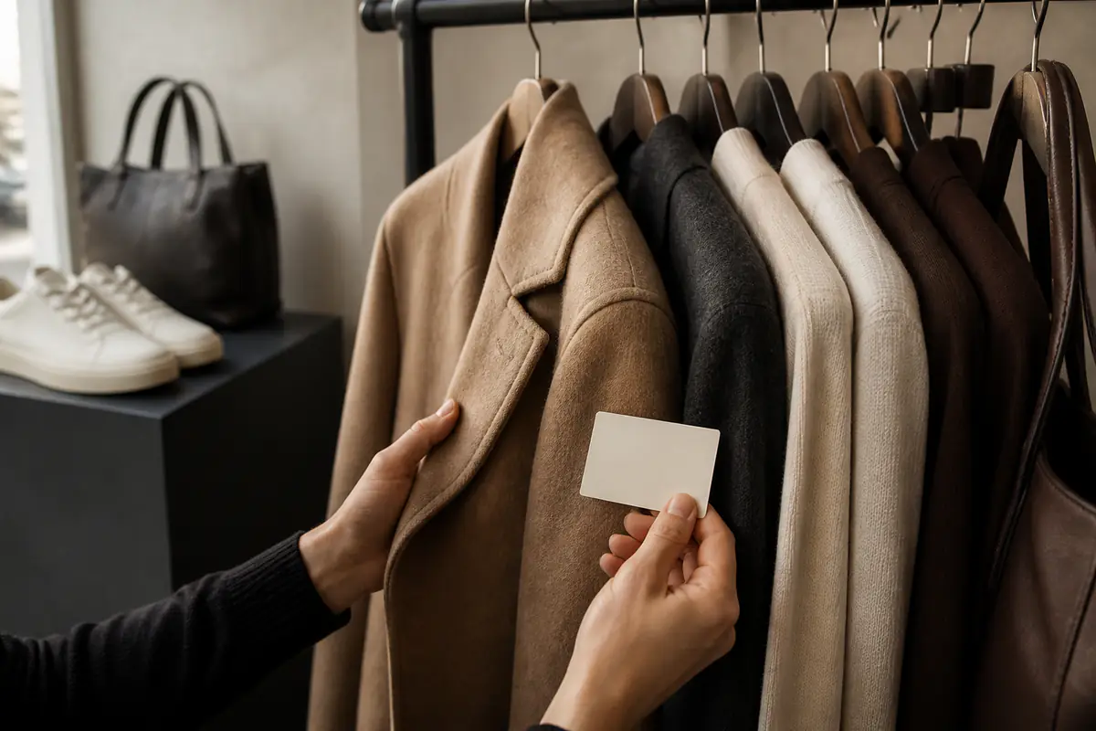Adult hands inspect a blank evidence card beside a fictional unbranded premium clothing rail