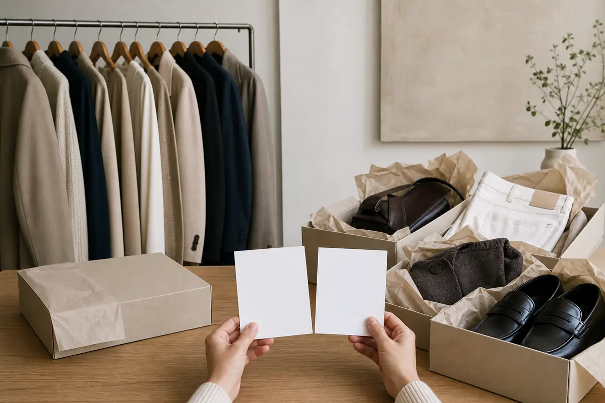 Two luxury-fashion fulfilment routes compared with blank evidence cards and unbranded parcels