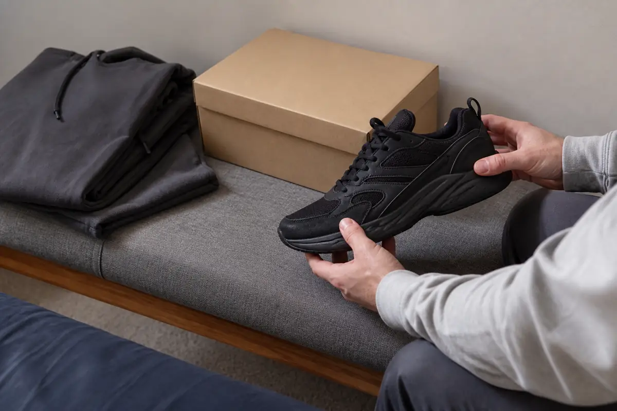 A shopper comparing an unbranded dark trainer and streetwear