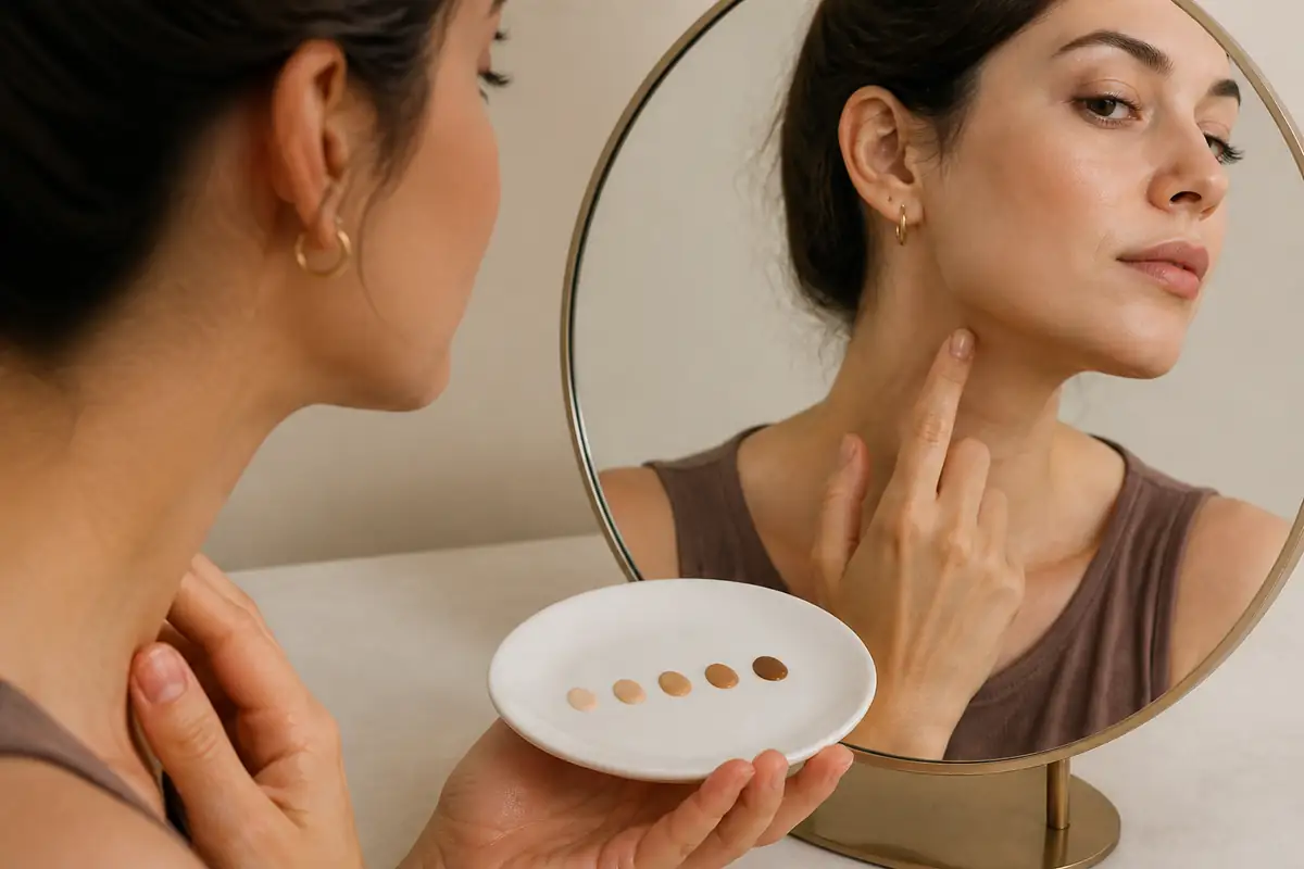 An adult comparing unbranded foundation shades beside their jaw in natural light