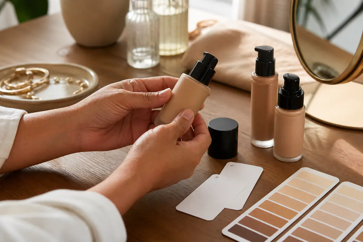 Adult hands organise fictional unbranded foundation bottles and clean application tools