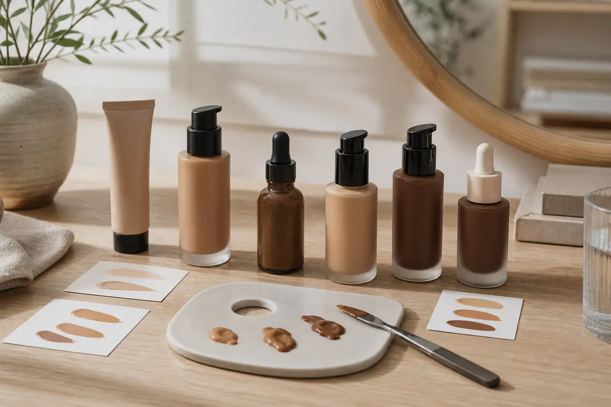 Generic unbranded foundation formats and shade swatches on a neutral dressing table