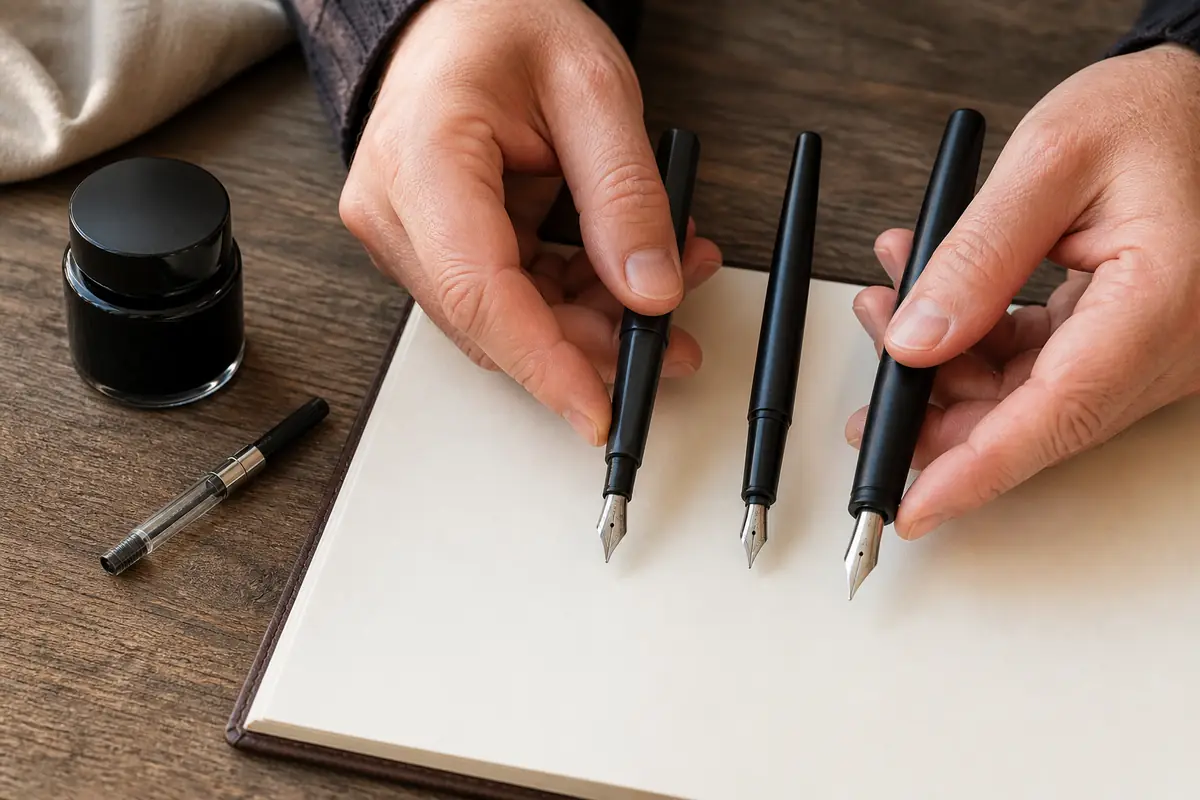 A plain fountain pen, blank gift card and unlabelled ink bottle on a desk