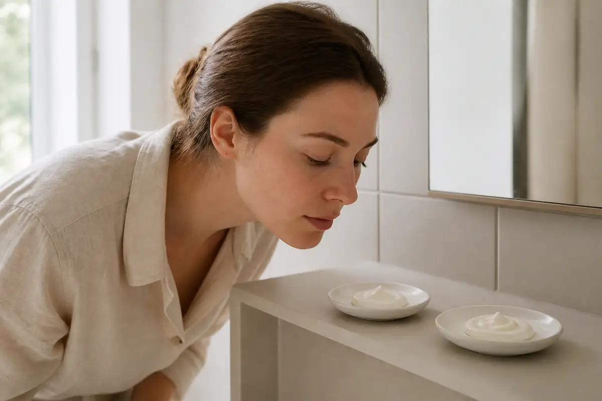 An adult comparing two plain unbranded skincare creams