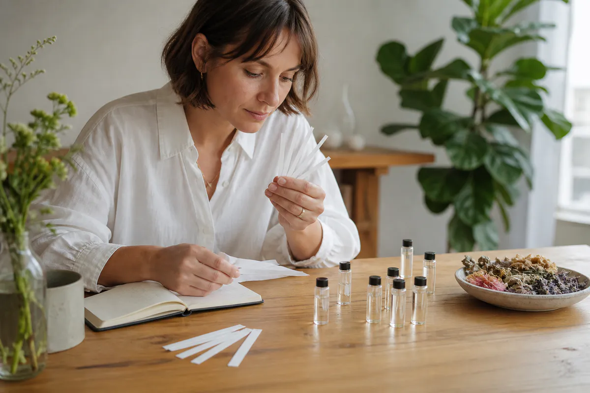 An adult comparing plain unbranded fragrance sample vials and scent blotter strips at a bright wooden table