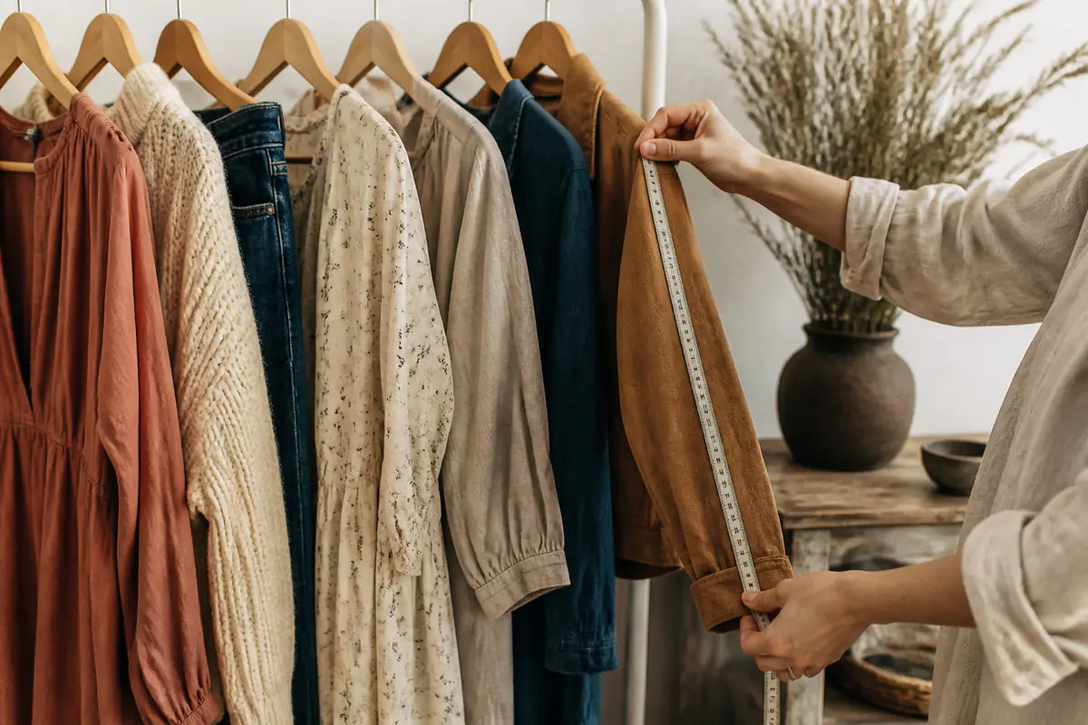 Adult hands measuring a sleeve on a fictional unbranded bohemian womenswear rail
