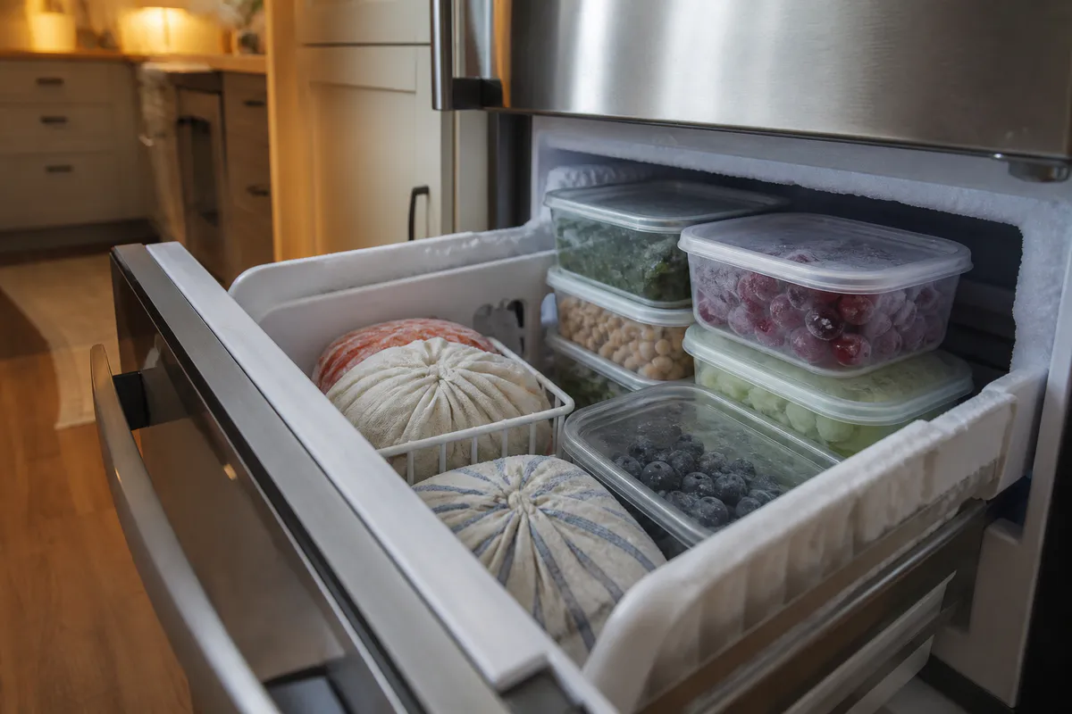 An open household freezer drawer organised with plain unbranded transparent food containers and cloth-wrapped portions