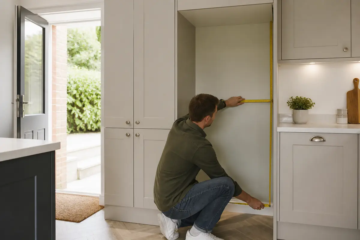 A person measuring an empty kitchen alcove for a fridge freezer