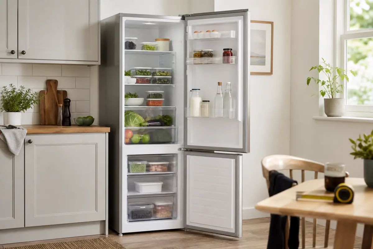 A fictional unbranded fridge freezer open in a bright kitchen showing shelves, drawers and door clearance