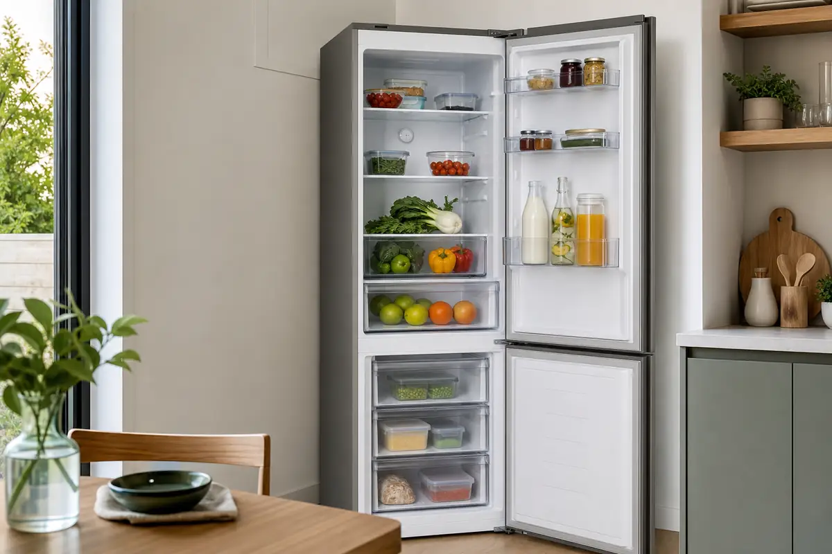 An open fictional unbranded fridge freezer arranged with plain food containers and visible storage zones