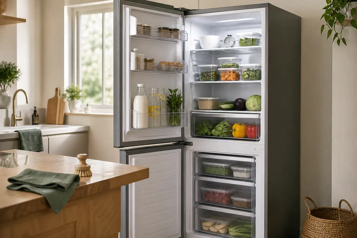 An open generic fridge freezer in a bright kitchen with neatly organised unbranded food containers