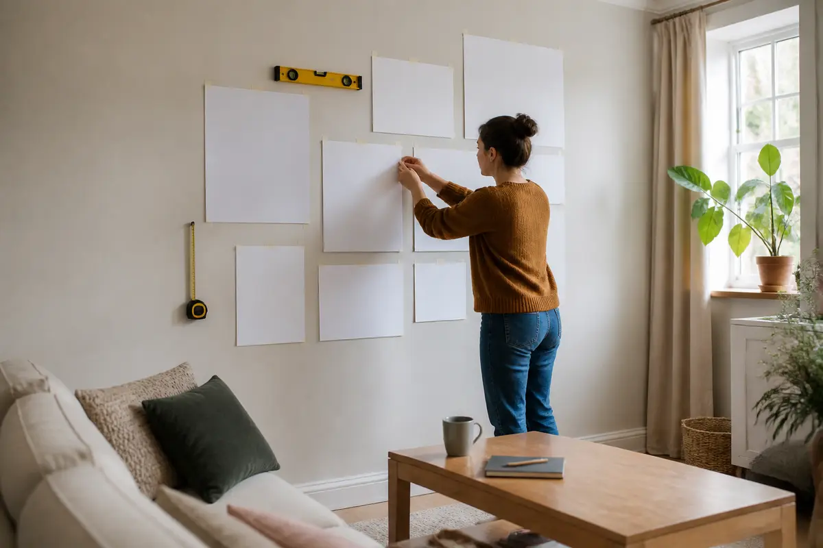 A person arranging blank paper templates for a gallery wall