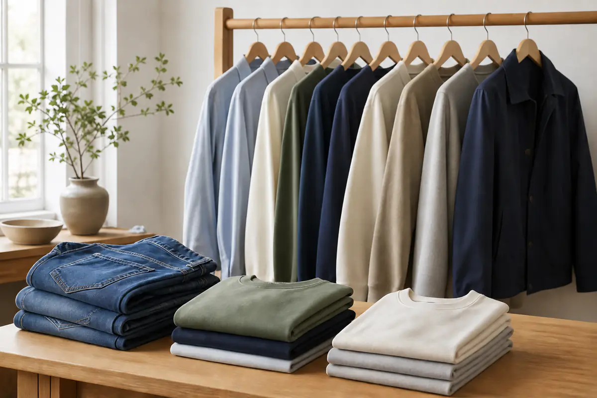 A calm unbranded casual clothing rail with folded denim, sweatshirts and T-shirts in a bright neutral studio