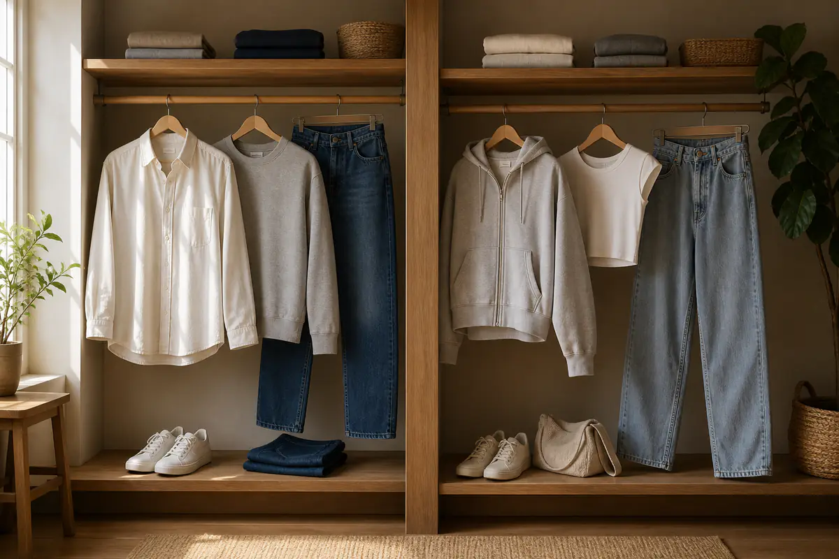 Two balanced fictional unbranded casualwear wardrobes arranged for a denim and clothing retailer comparison