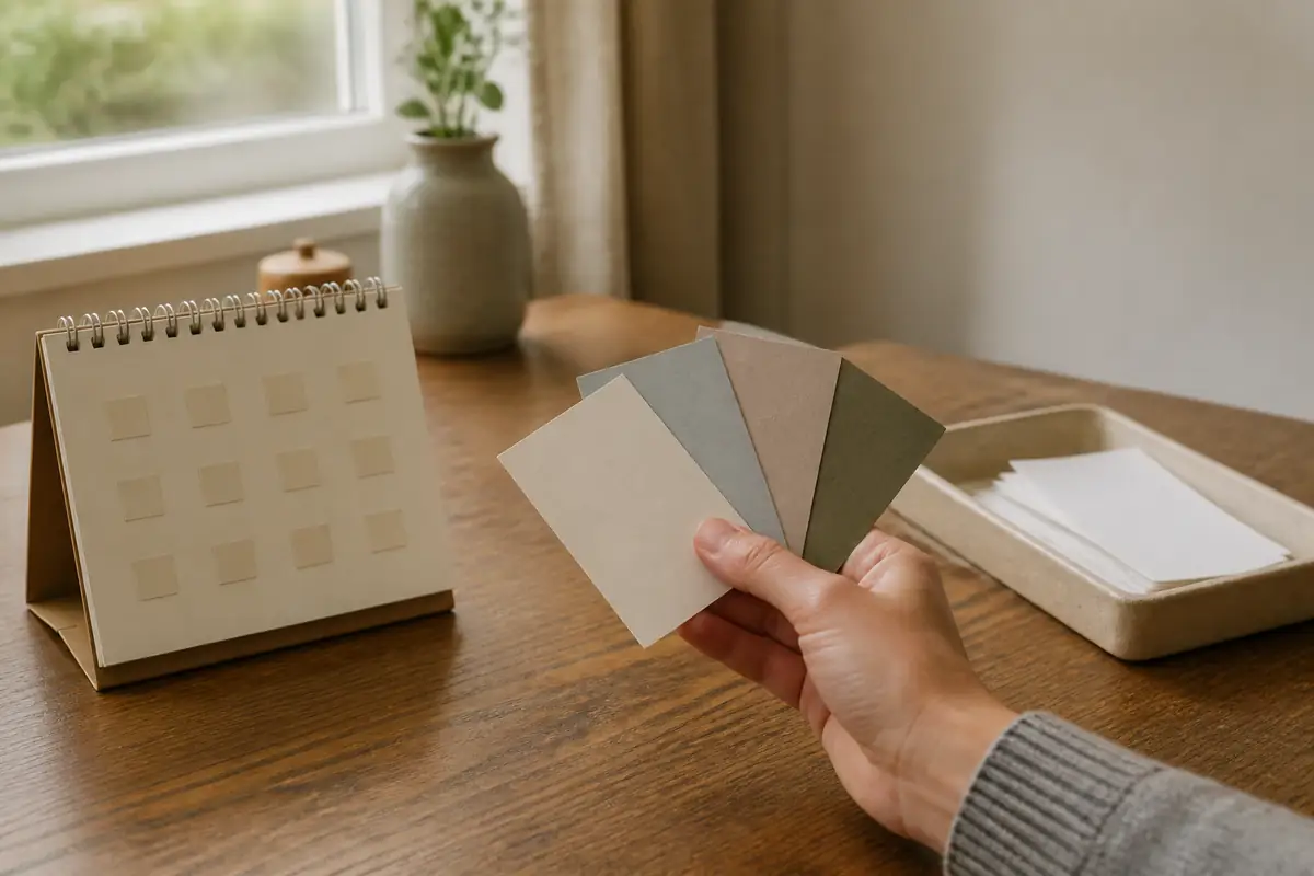 An adult comparing blank gift cards beside a blank calendar