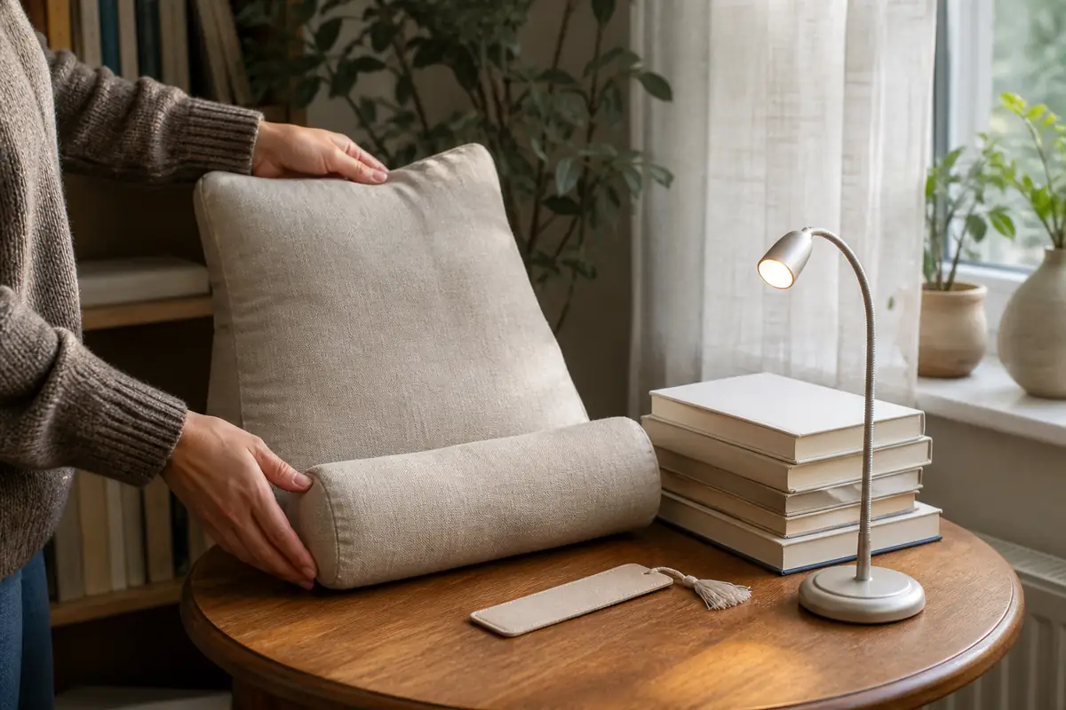 An adult arranging a reading cushion beside blank-cover books and a lamp