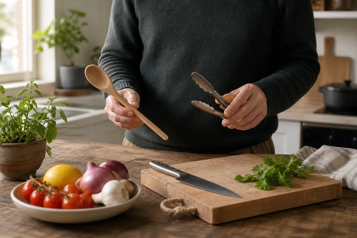 An adult comparing a plain wooden spoon and stainless-steel tongs