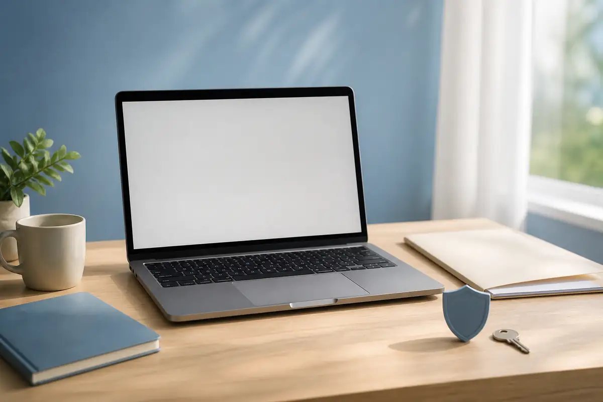 A blank laptop, order folder, key and shield arranged for a checkout decision