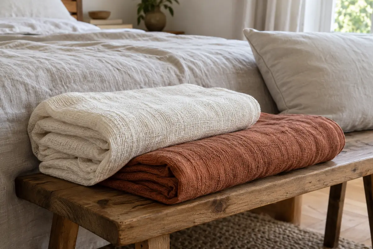 Folded ivory and terracotta textiles with different weaves beside a plain cushion