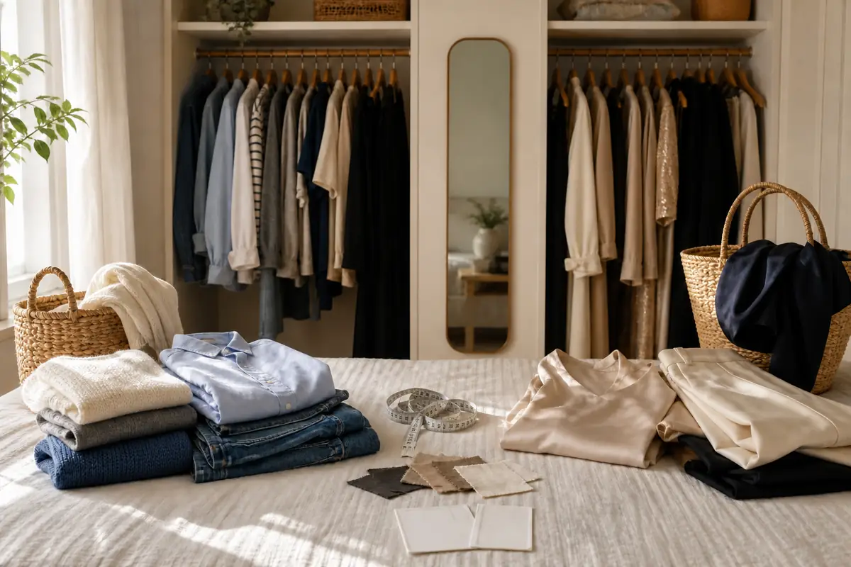 A shopper comparing two unbranded outfits beside a wardrobe